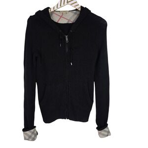 BURBERRY BRIT Sweater Womens Medium Black Wool Cashmere Hooded Full Zip Plaid